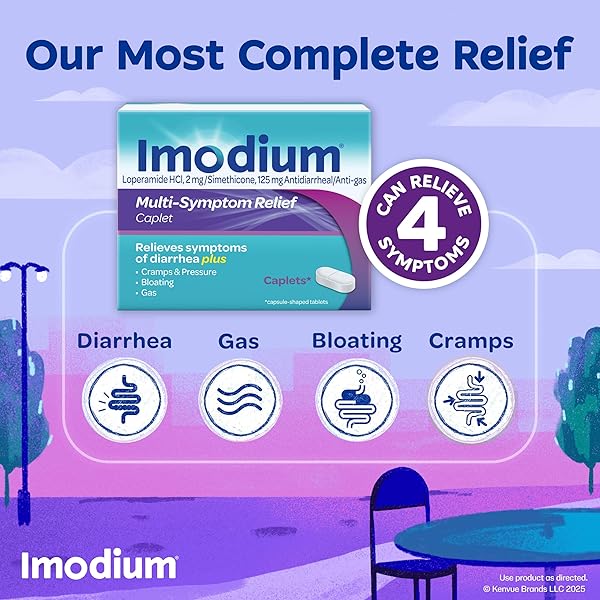 IMODIUM MULTI-SYMPTOM RELIEF CAPLETS, LOPERAMIDE HYDROCHLORIDE & SIMETHICONE ANTI-DIARRHEAL MEDICINE FOR THE RELIEF OF DIARRHEA, GAS, BLOATING, CRAMPS & PRESSURE, HSA/FSA ELIGIBLE, 18 CT