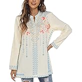Women's V-Neck Bohemian Floral Embroidered Shirt Mexican Peasant Tops Long Sleeve Casual Loose Tunic Blouse