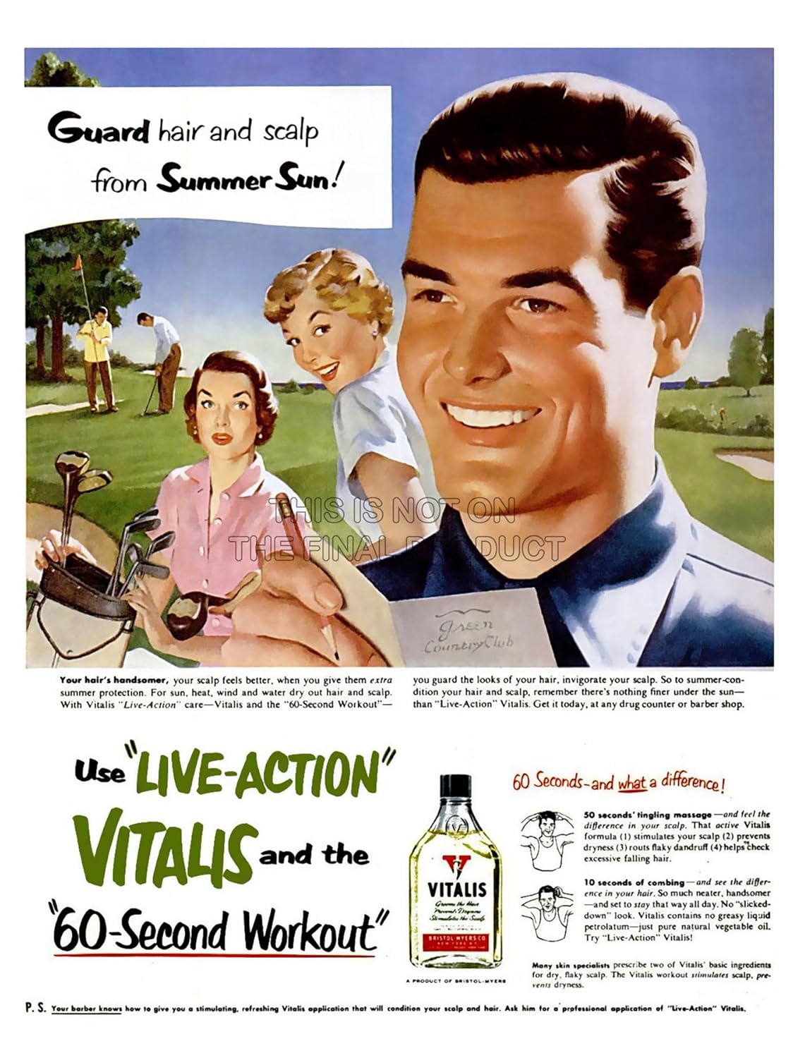 Advertising 1950 Vitalis Mens Hair Scalp Oil Grooming Art Poster