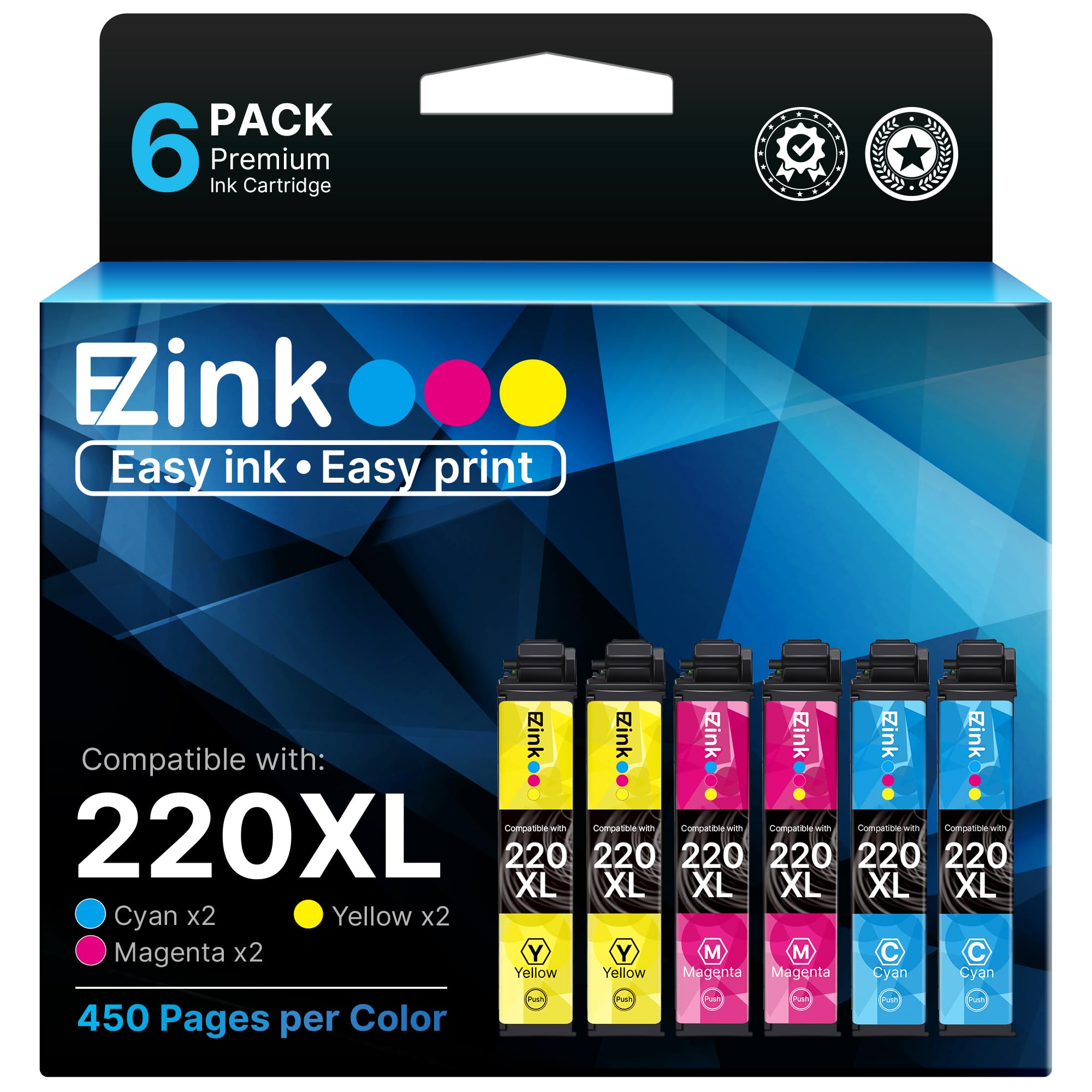 E-Z Ink Remanufactured Ink Cartridge Replacement for Epson 220 XL 220XL T220XL to use with WF-2760 WF-2750 WF-2630 WF-2650 WF-2660 XP-320 XP-420 XP-424 (2 Cyan, 2 Magenta, 2 Yellow, 6 Pack) Image