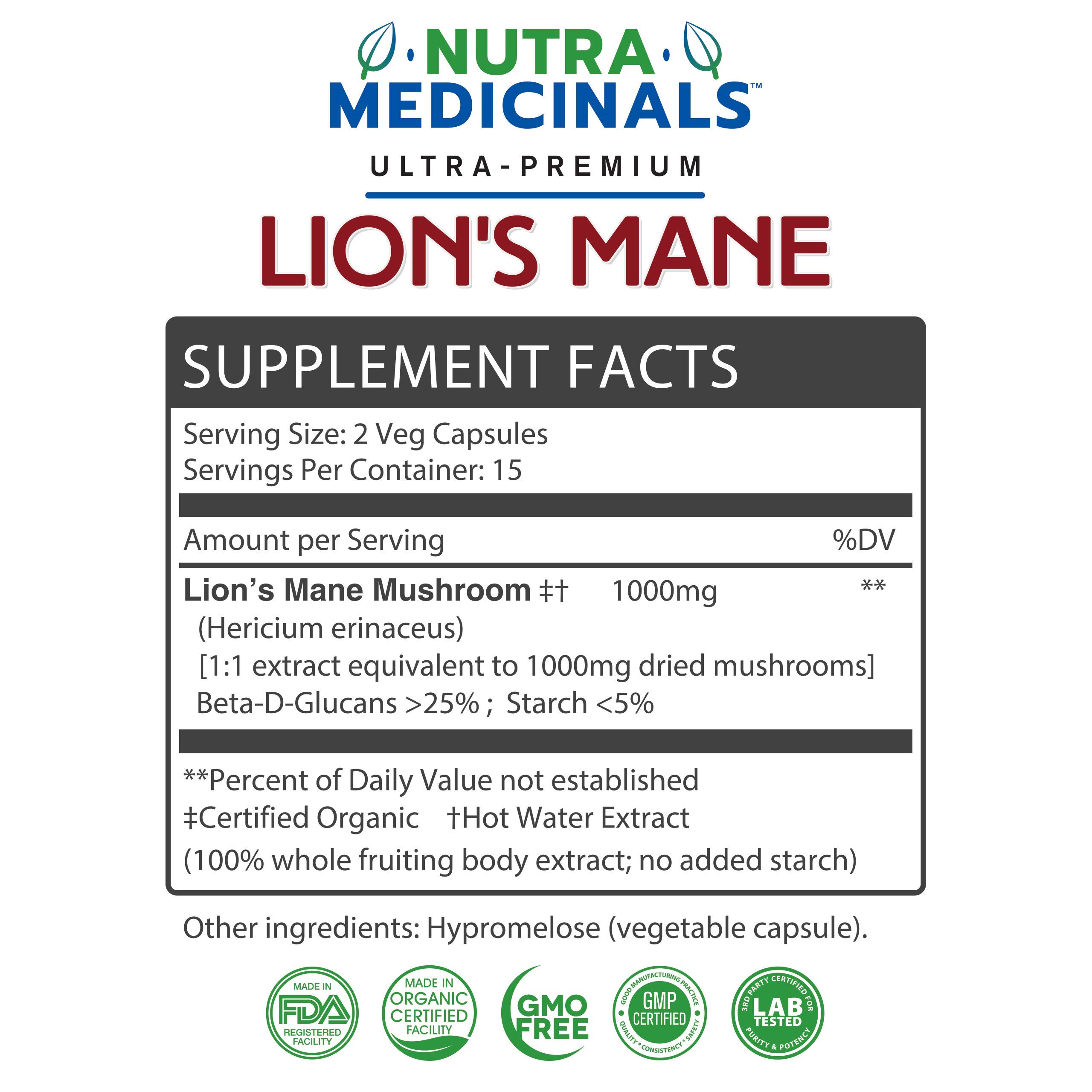 NutraMedicinals – Lion\'s Mane Mushroom Capsules – Nerve (NGF) & Brain Support – Natural Nootropic Supplement for Memory, Focus & Cognition – Non-GMO, Vegan, Organic (30 Caps, 1:1 Extract)