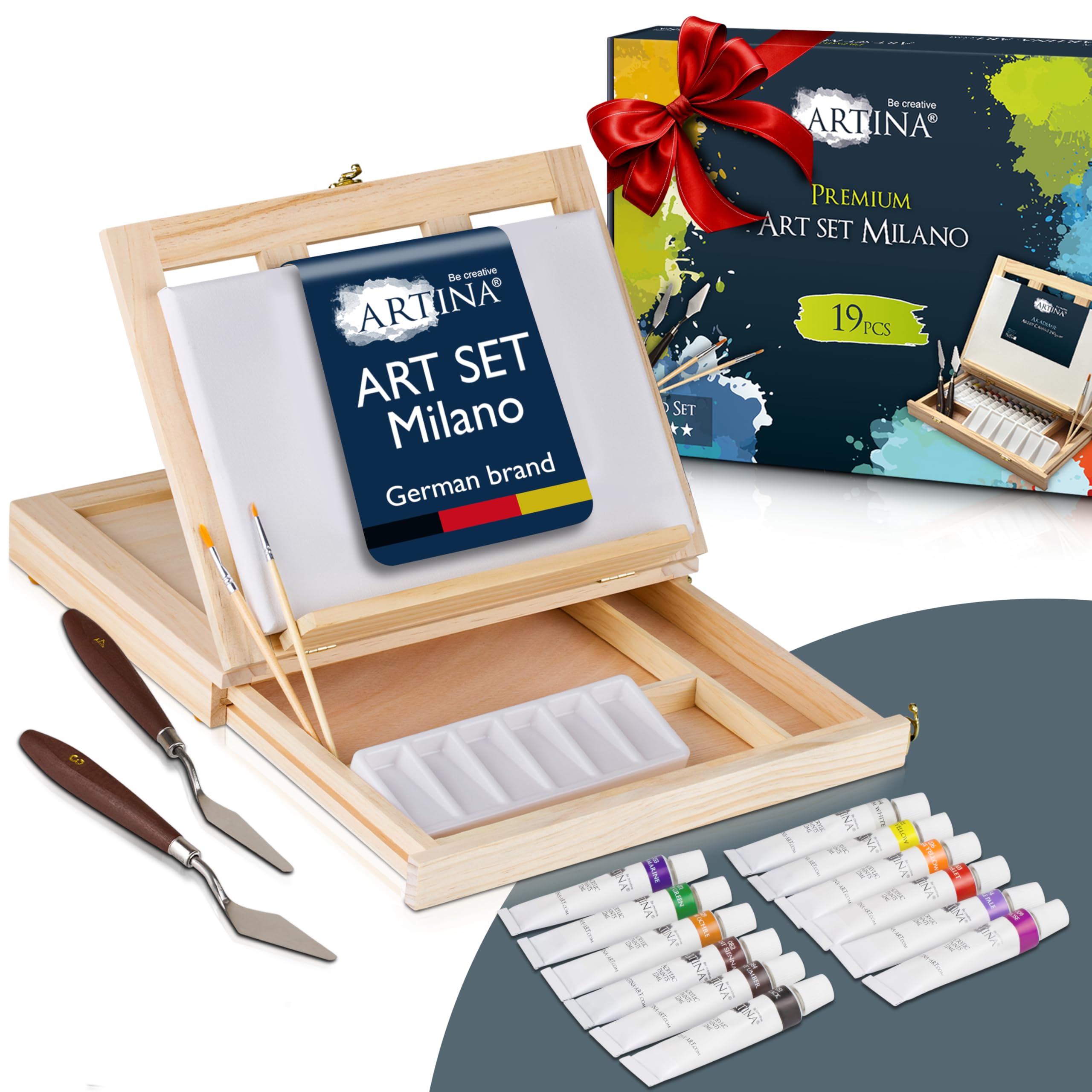 Artist 19pcs Acrylic Painting Kit Art Set with Easel Milano – Wooden Box Art Canvas Set with Table Top Easel & Supplies – Portable Christmas Painting Sets for Kids, Adults & Beginners