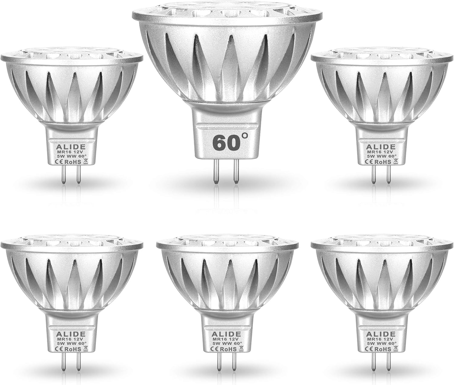 ALIDE MR16 Led Bulbs 60° (60 Degree)Wide Beam Angle, 5W Replace 20W 35W Halogen, 2700K Soft Warm White, Low Voltage 12volt MR16 GU5.3 Bulb Spotlights for Track Recessed Landscape Lighting, 450lm, 6 Pack - - 