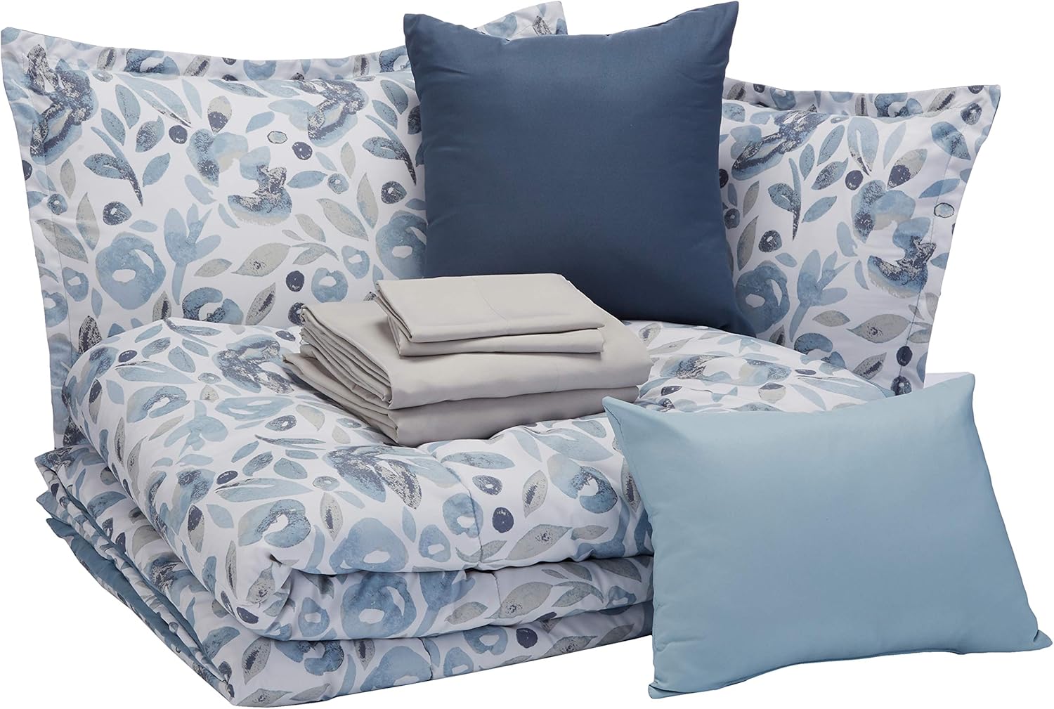 Basics 10-Piece Comforter Bedding Set, King, Blue Watercolor Floral, Microfiber, Ultra-Soft: Home & Kitchen