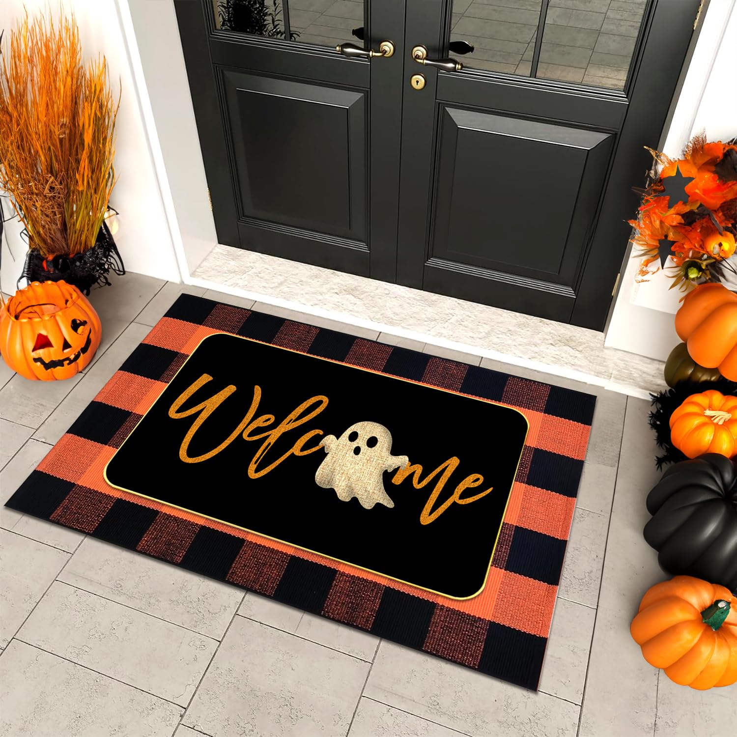 Photo 1 of 2 Pcs Halloween Door Mat Combo Set Ghost Welcome Doormat + 28" x 43" Orange and Black Buffalo Plaid Rug for Fall Thanksgiving Halloween Porch Entryway Indoor Outdoor Decor