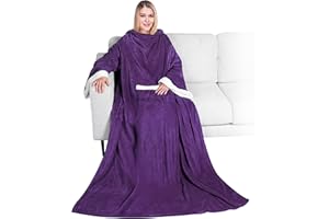 PAVILIA Fleece Blanket with Sleeves for Women Men Adults, Wearable Blanket Warm Soft Plush, Snuggle Pocket Sleeved TV Throw Wrap, Cozy White Elephant Gifts Ideas Mom Wife, Dark Purple