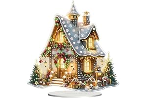 JJFox DIY Tabletop Diamond Art Painting Kit，9.54x9.52inch Special Shaped Rhinestone Desk Placement Ornament，Home Stand Up Gem Painting Craft Kit(Christmas House-1)