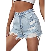 Floerns Women's Ripped Raw Hem High Wait Straight Leg Solid Denim Shorts