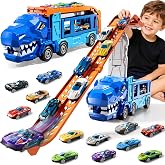 3 In 1 Dinosaur Transport Truck Toys for Boys &amp; Girl 3 4 5 6 7 Years Old | Transporter Trucks with 12 Die-Cast Car Toys 2 Race catapults Dual-Track Model,Toddler Car Toy Set for 4-8 Kids Boys Girls