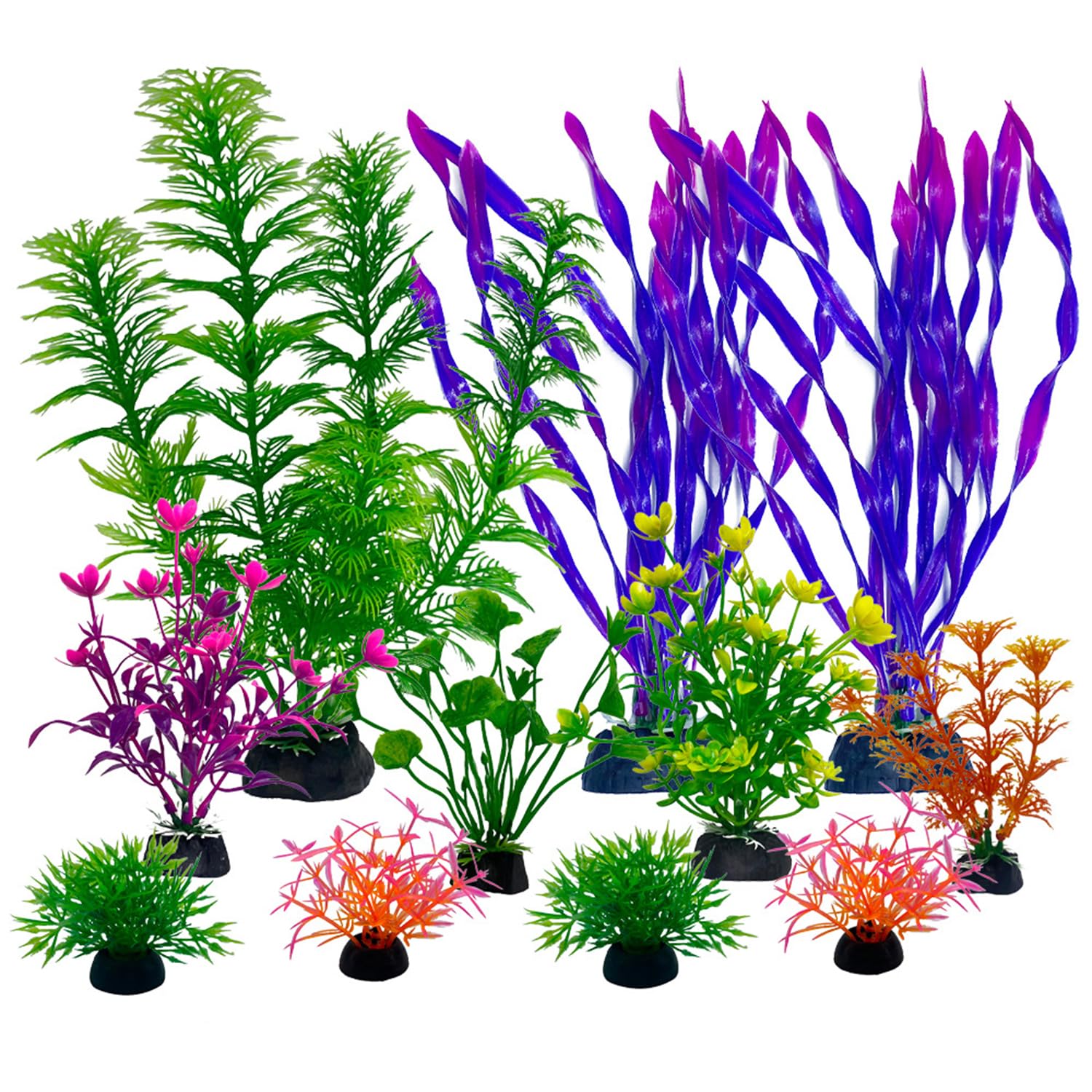 SDFNBRA 11 Pieces Colorful Artificial Fish Tank Decorations, Aquarium Decorations Fish Tank Purple and Green Artificial Plastic Plants, Small to Large (4-8Inch)