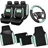 CAR PASS Universal Mint Leather Lace Car Seat Covers Full Set for Women Girls, Waterproof Car Floor Mats Carpet, Glitter Steering Wheel Cover for Car Accessories Interior Sets,10PCS Included