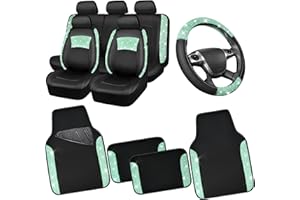 CAR PASS Universal Mint Leather Lace Car Seat Covers Full Set for Women Girls, Waterproof Car Floor Mats Carpet, Glitter Steering Wheel Cover for Car Accessories Interior Sets,10PCS Included
