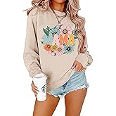 Ladicme Mama Sweatshirt for Women Mama Letter Print Long Sleeve Heart Graphic Sweatshirts Casual Crewneck Pullover Top