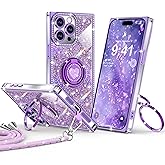 XYZ for iPhone 15 Pro Max Case, Glitter Bling Phone Cover with 2-Ring Heart Stand & Lanyard, Women Girls Luxury Rhinestone Shockproof Protective Case for iPhone 15 Pro Max, Purple