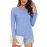 MAGCOMSEN Ladies Moisture-Wicking Tee Classic-Fit Long-Sleeve Crew-Neck T-Shirt Basic Cotton Casual Tops, Light Blue-Gray, XL