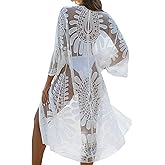 Blooming Jelly Womens Kimono Mesh Swimsuit Coverup Lace Embroidered Long Beach Cover Ups 3/4 Sleeve Tie Front Summer Cardigan
