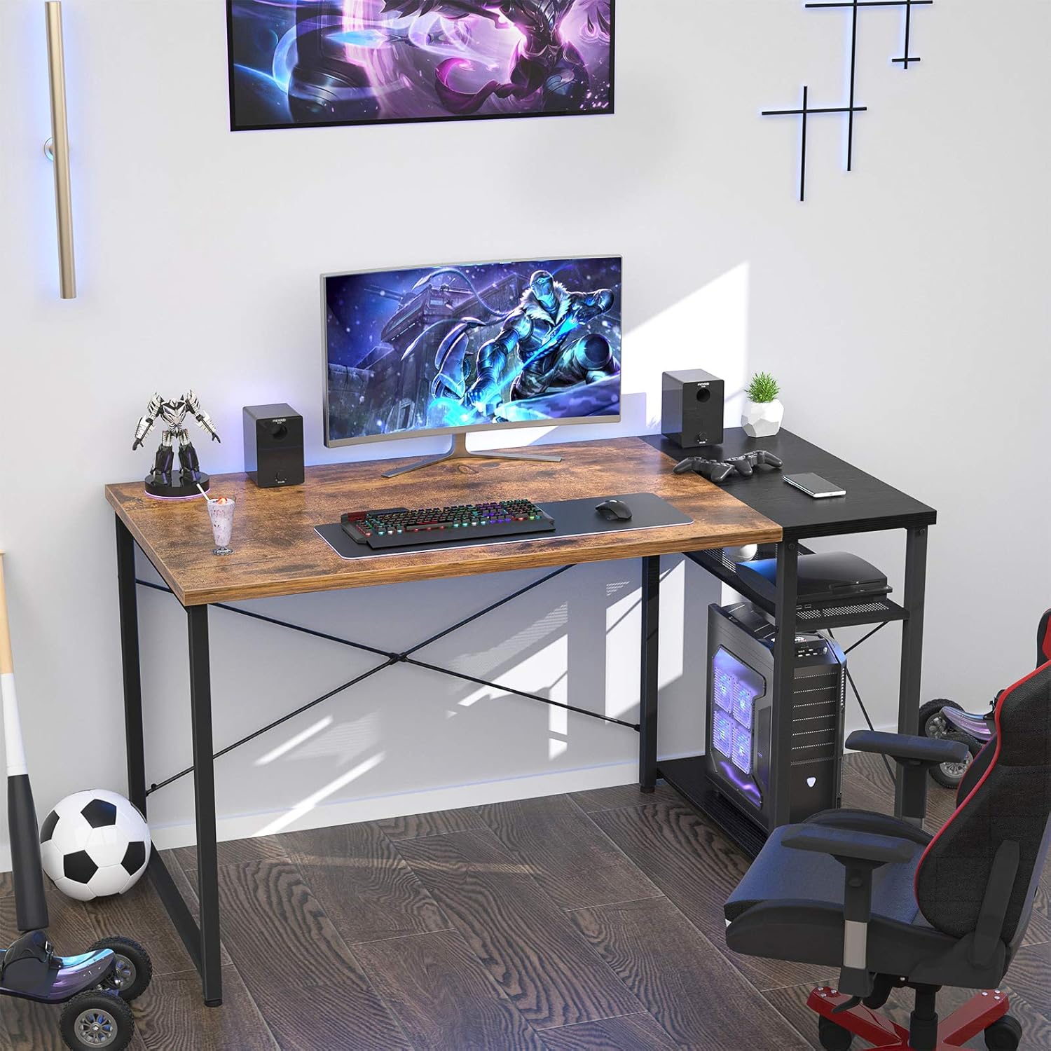 Ecoprsio Home Office Computer Desk, 40 Inch Small Writing Desk Table with Storage Shelves, 2-Tier Simple PC Gaming Desk for Home, Rustic and Black: Kitchen & Dining