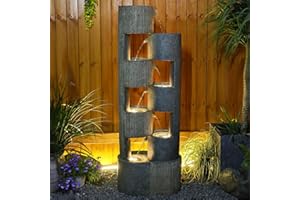 Sunlinua 51" Outdoor Water Fountain Uneven Cylinders Waterfalls Fountain Floor Standing Water Fountains with LED Lights, Pump, Natural Stones for Garden, Living Room, Patio