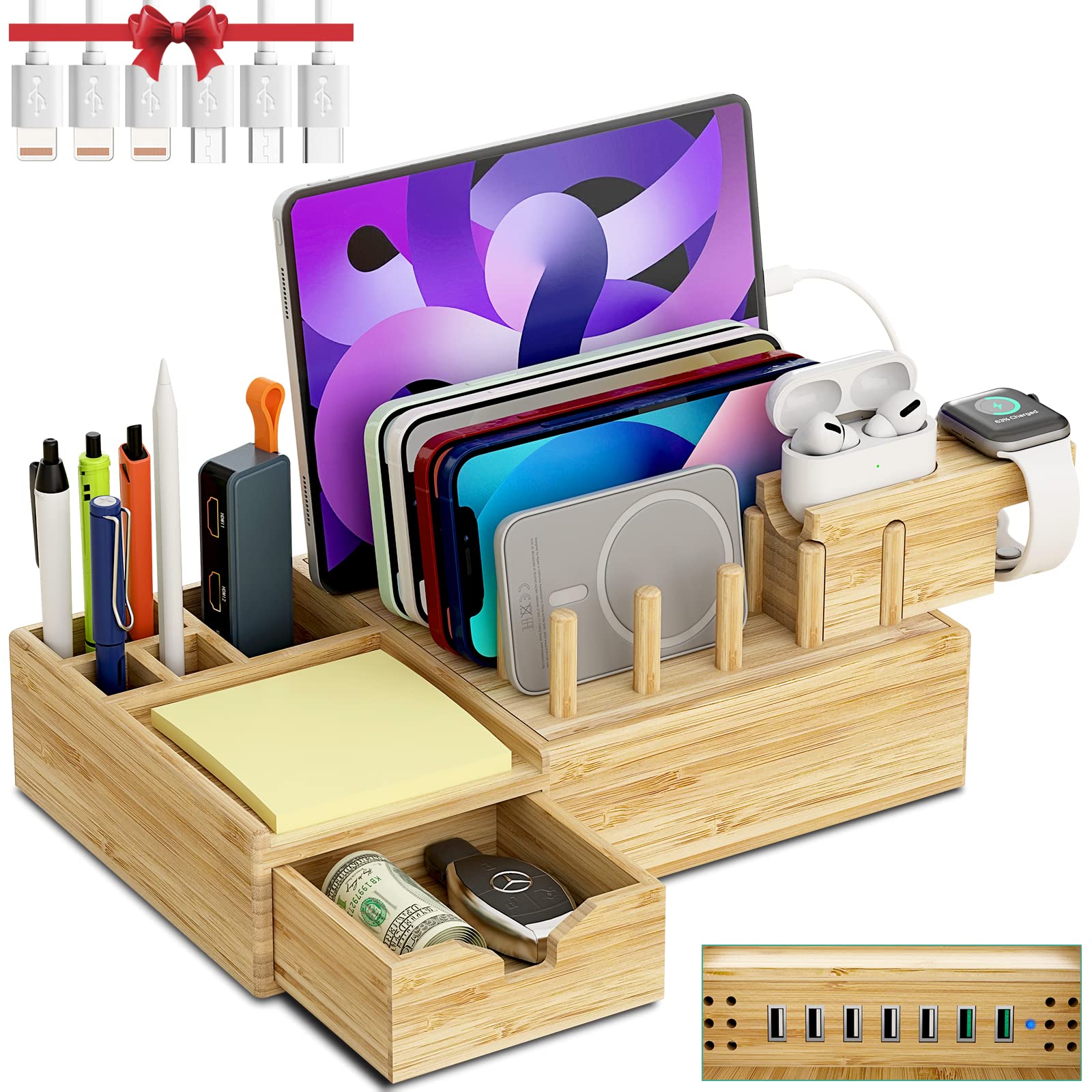 Photo 1 of Bamboo Charging Station for Multiple Devices - Darfoo Wood Charging Dock Organizer with Drawer, 7 USB Charging Ports Compatible with Cell Phones, Tablet, Smart Watch & Earbud