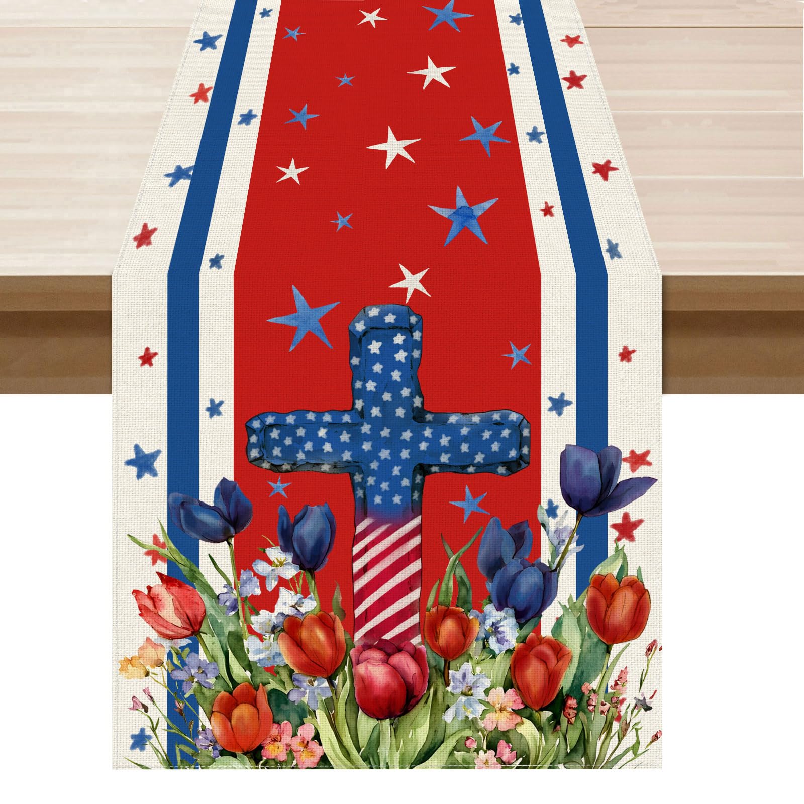 Photo 1 of **2pack*XCHI Watercolor Colorful Tulips Flowers America Stars Patriotic 4th of July Memorial Day Independence Day Table Runner Decoration for Home Kitchen Holiday Party 13x36 Inch