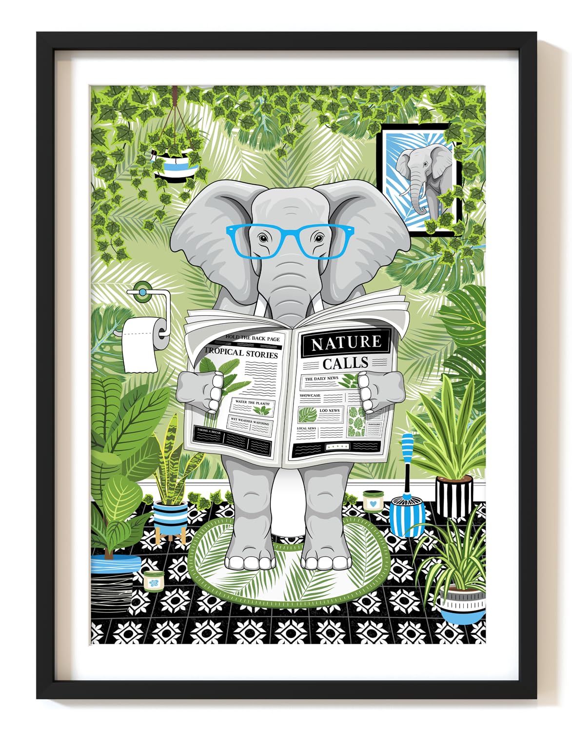 Parmaro Elephant Reading Newspaper Bathroom Print, A4 UNFRAMED Animal Print, Green Botanical Tropical Bathroom Decor