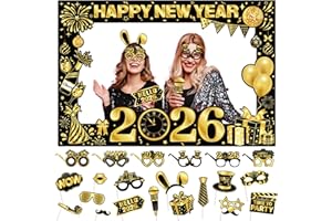 ACTILIZE 2026 New Year's Eve Photo Booth Props Kit - Happy New Year Party Supplies with Paper Photo Frame & Fun Glasses for NYE Decorations