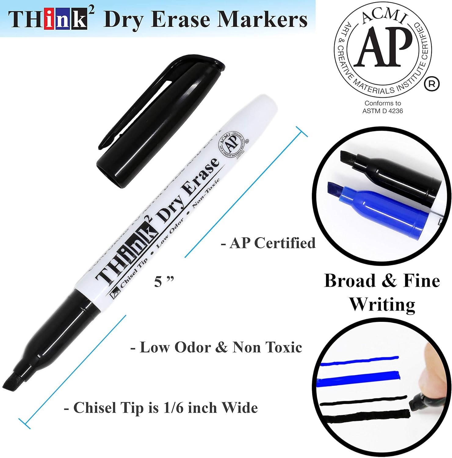[6 Color Dry Erase Markers] Think2 Chisel Tip Markers with Eraser & Cleaner Set. (1 Black, 1 Red, 1 Blue, 1 Green, 1 Purple, 1 Brown) AP Certified German Ink. For Kids, Classroom, Office, Home : Office Products