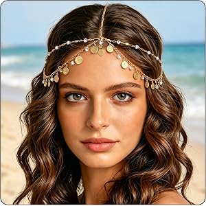 NAISKA Gold Head Chain Rhinestone Coins Headpiece Boho Head Jewelry for Women Girls Layered Headpiece Forehead Jewelry Goddes