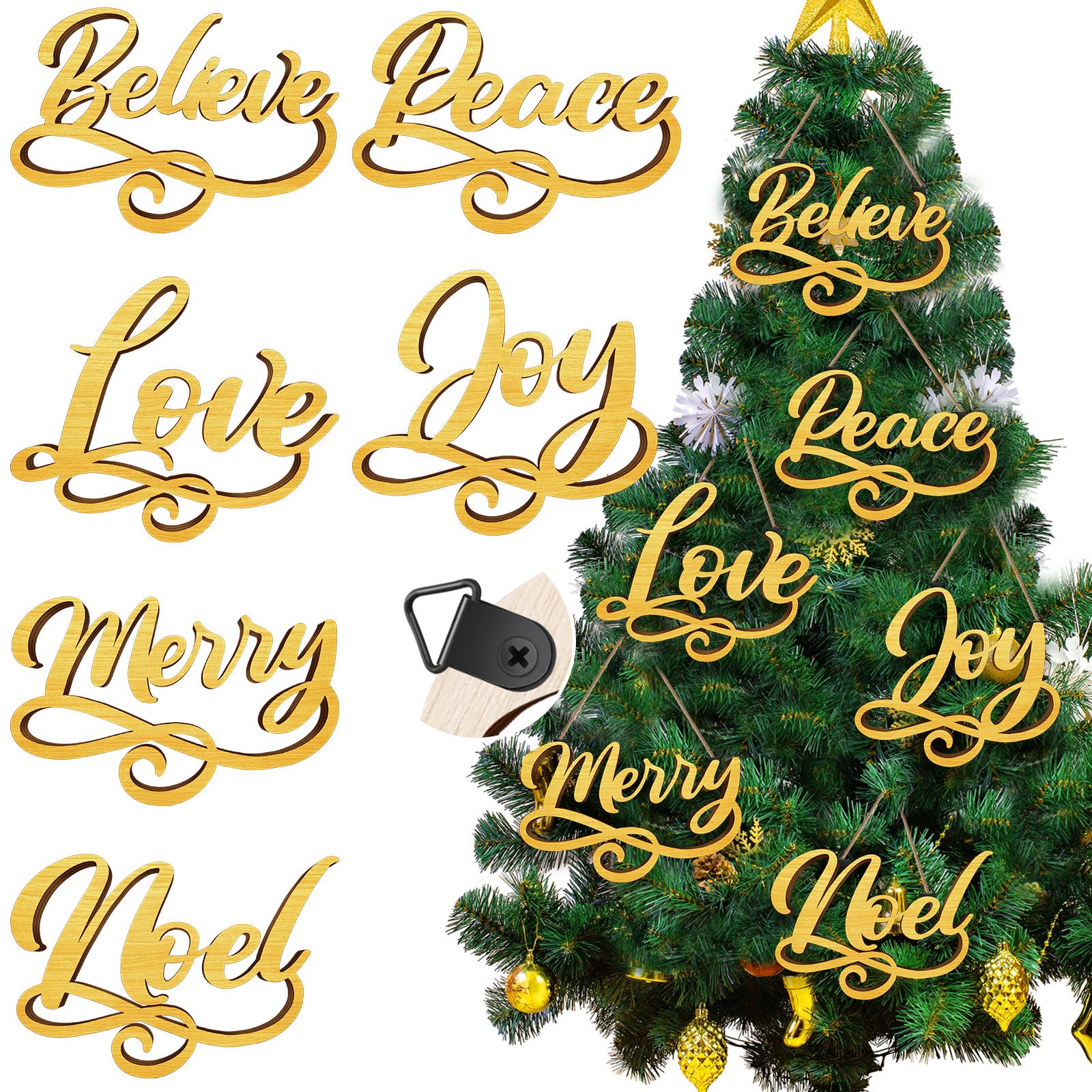 Photo 1 of 12 Pieces Christmas Wood Signs Christmas Joyful Believe Jolly Merry Wood Cutout, xma Plate Ornament, Wreath Sign Garland Ornament, xma Tree Decor(Gold)