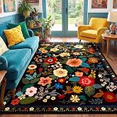 RELEANY Floral Washable 5x7 Area Rugs Black | Flower Carpet, Print, Boho, Non-Slip, Easy to Clean, Soft, Low Pile for Living Room Bedroom Kitchen Office Entryway Hallway