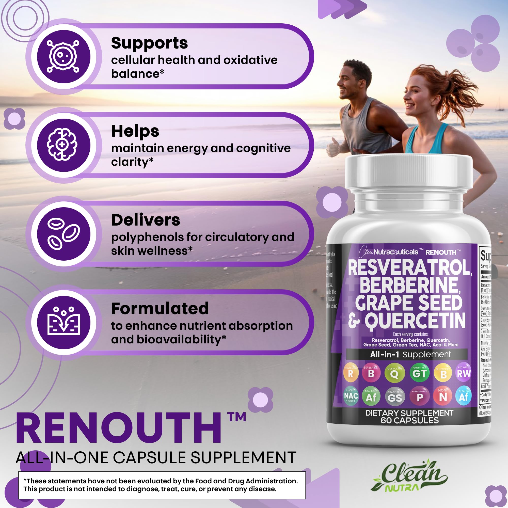 Clean Resveratrol Supplement | Berberine Grape Seed Extract Quercetin Green Tea Extract Acai Noni Polyphenol Supplement for Women & Men Anti Aging N-Acetyl Cysteine NAD Booster