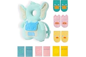 JunNeng Baby Head Protector Backpack with Squeaker, Knee Pads, Anti-Slip Socks, Light Blue Elephant Sets