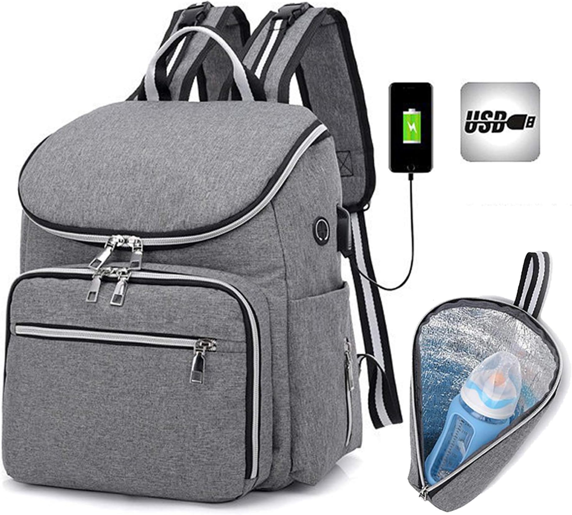Baby Nappy Bag Backpack Diaper Bags Large Capacity Travel Maternity Bag,Stroller Organizer Straps Attached,with USB Port,Waterproof (Grey)