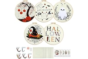 ELASIGNSHOPO 5 Set Halloween Embroidery Kit for Beginners Adults Embroidery Starter Kit Pumpkin Bat Cross Stitch Kits Halloween Embroiderys Needlepoint Kits Includes Instruction 2 Hoops Color Threads Needles