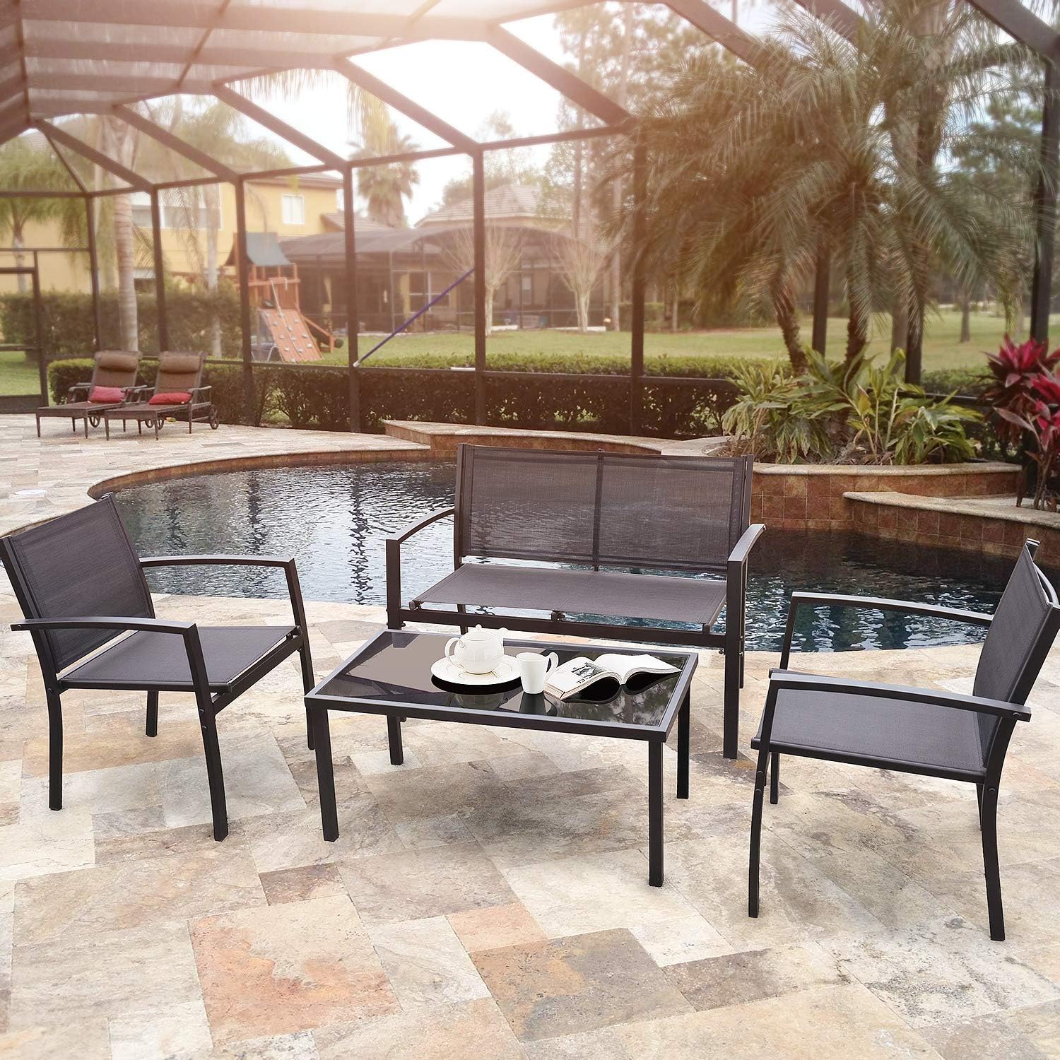 Flamaker 4 Pieces Patio Furniture Outdoor furniture Outdoor Patio Furniture Set Textilene Bistro Set Modern Conversation Set Black Bistro Set with Loveseat Tea Table for Home, Lawn and Balcony (Black): Garden & Outdoor