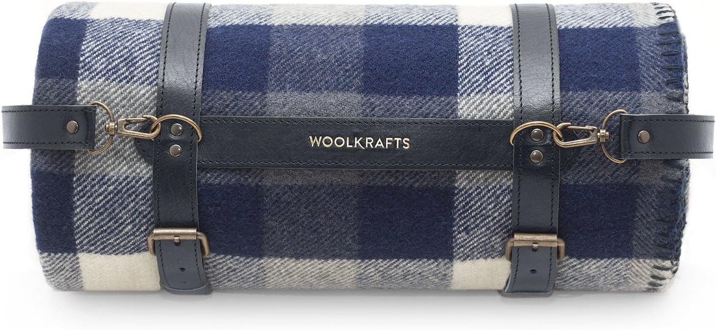 Pure Wool Blanket 100%. Throw blanket for home and camping. Plaid nice for babies children. Twin size 140x180 warm and washable wool blanket.Woolkrafts (with leather holder, Blue/White)