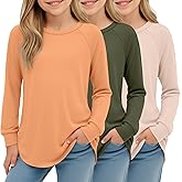 LessonZoo 3 Pack Girls Long Sleeve Shirts Kids Crewneck Curve Hem Casual Tops Raglan Sleeve Athletic Comfy Pullover Tees