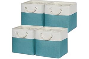 Temary Cubes Storage Baskets 11 Inch Cube Storage Bins 4 Pack Fabric Baskets for Gift Empty Teal Storage Bins for Shelves, Collapsible Fabric Storage Cubes Basket for Storage (White&Teal)