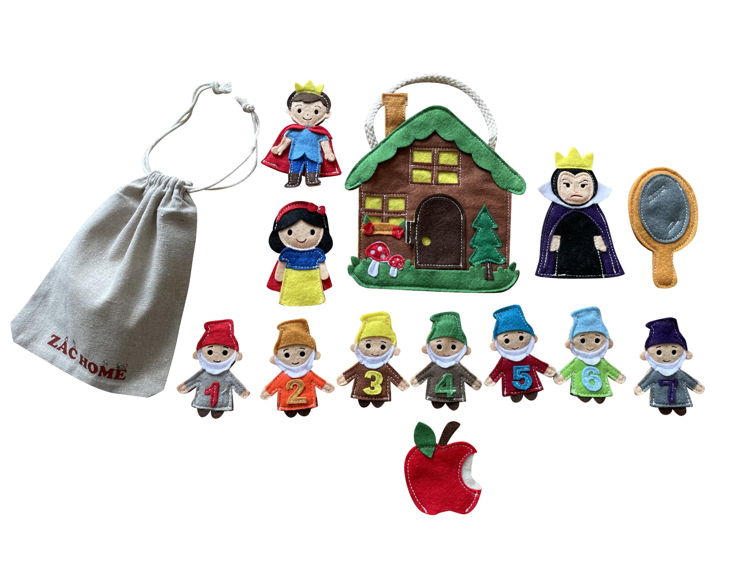 ZAC HOME Fairytale Storytelling Puppets – Dwarfs, Princess, Prince, Evil Queen & Story Accessories – Felt Puppets with Storage Bag for Kids Storytelling, Nursery Rhymes, and Pretend Play