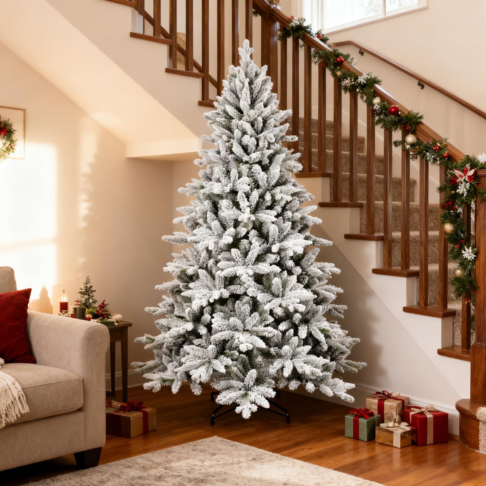 Photo 1 of 6Ft Unlit Flocked Christmas Tree,White Artificial Premium Hinged Spruce Snow Xams Tree with 1100 PE & PVC Tips,Suitable for Home,Office & Christmas Party Decorations,Includes Metal Foldable Stand.