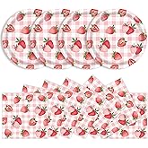 KFJBPB 40 Pcs Strawberry Plates and Napkins Party Supplies, Pink Gingham Disposable Paper Plates and Napkins Tableware Set for Strawberry Shortcake Baby Shower Birthday Party Decorations
