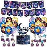 Space Themed Party Decoration for Kids Boys Girls, Solar System Galaxy Planet Astronaut Rocket Patterns - Happy Birthday Banner, Balloons Cake Cupcake Toppers Set Outer Space Party Supplies