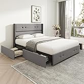 Novilla Upholstered Queen Size Bed Frame Platform with 4 Storage Drawers and Fabric Headboard, Non-Slip and Noise-Free Queen Bed Frame, Strong Wooden Slats, No Box Spring Needed, Grey