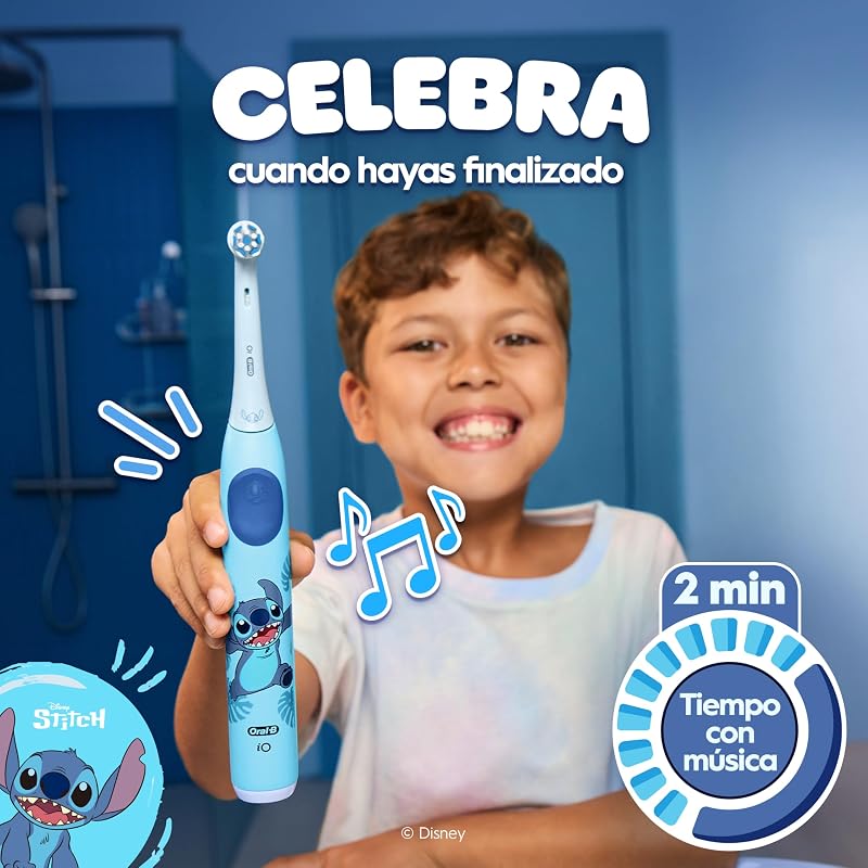 iO Kids Disney Stitch escova de dentes elétrica para crianças +6 anos, 1 cabeça, Travel Case, 3 modos com modo sensível Adequado para crianças, temporizador com música
