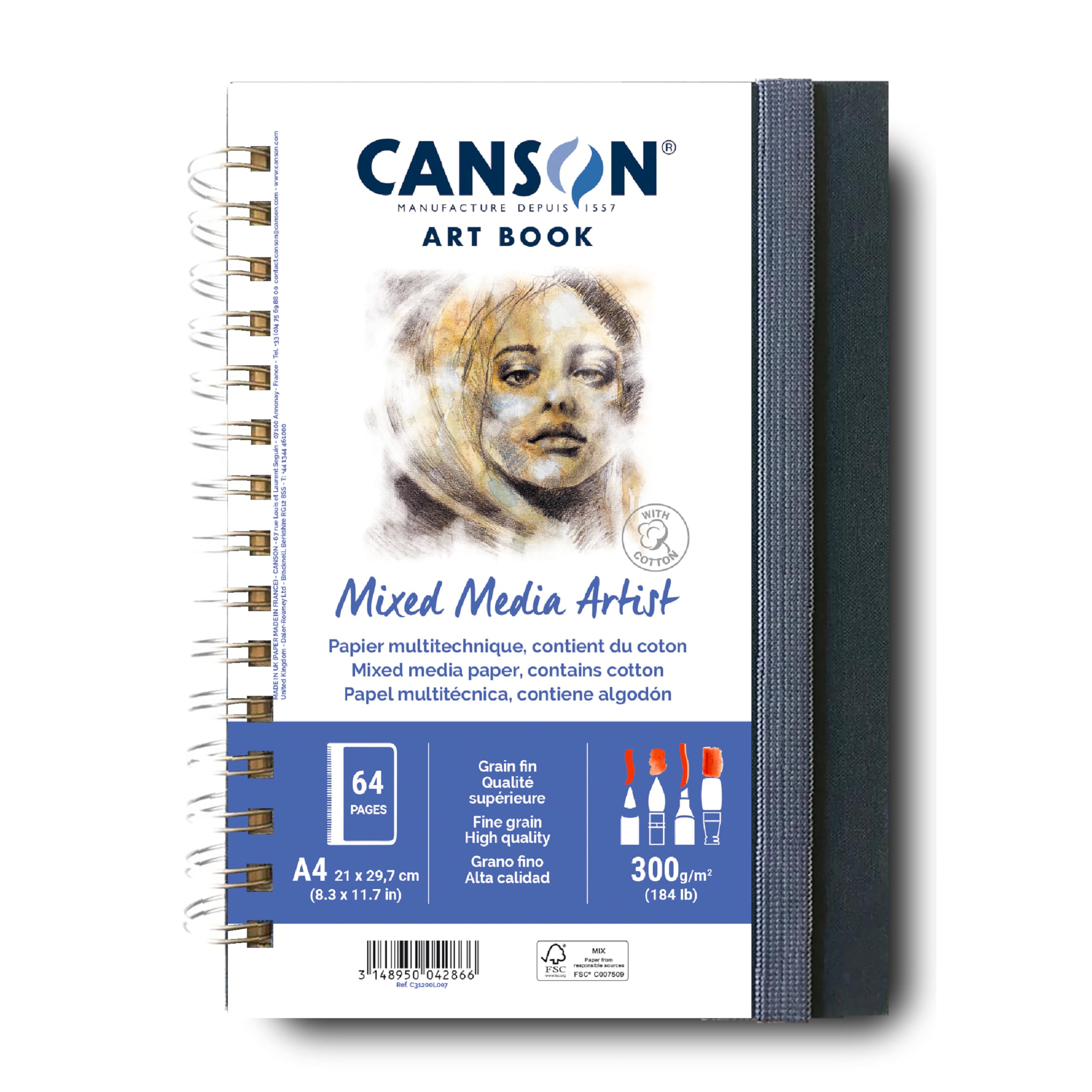 CANSON Professional Art Book, Fine Grain Mixed Media Paper, 300gsm, A4 Spiral Portrait Notebook, 28 White Sheets, For Professional Artists & Students โ image 1