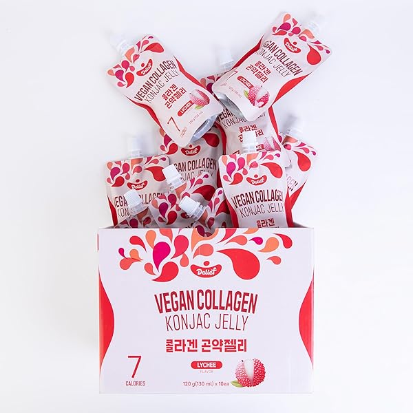 DELIEF VEGAN COLLAGEN KONJAC JELLY (LYCHEE FLAVOR) 120G X 10 PACKS – LOW-CALORIE FRUIT GEL SNACK, GLUTEN-FREE, PLANT-BASED, 7 KCAL PER POUCH