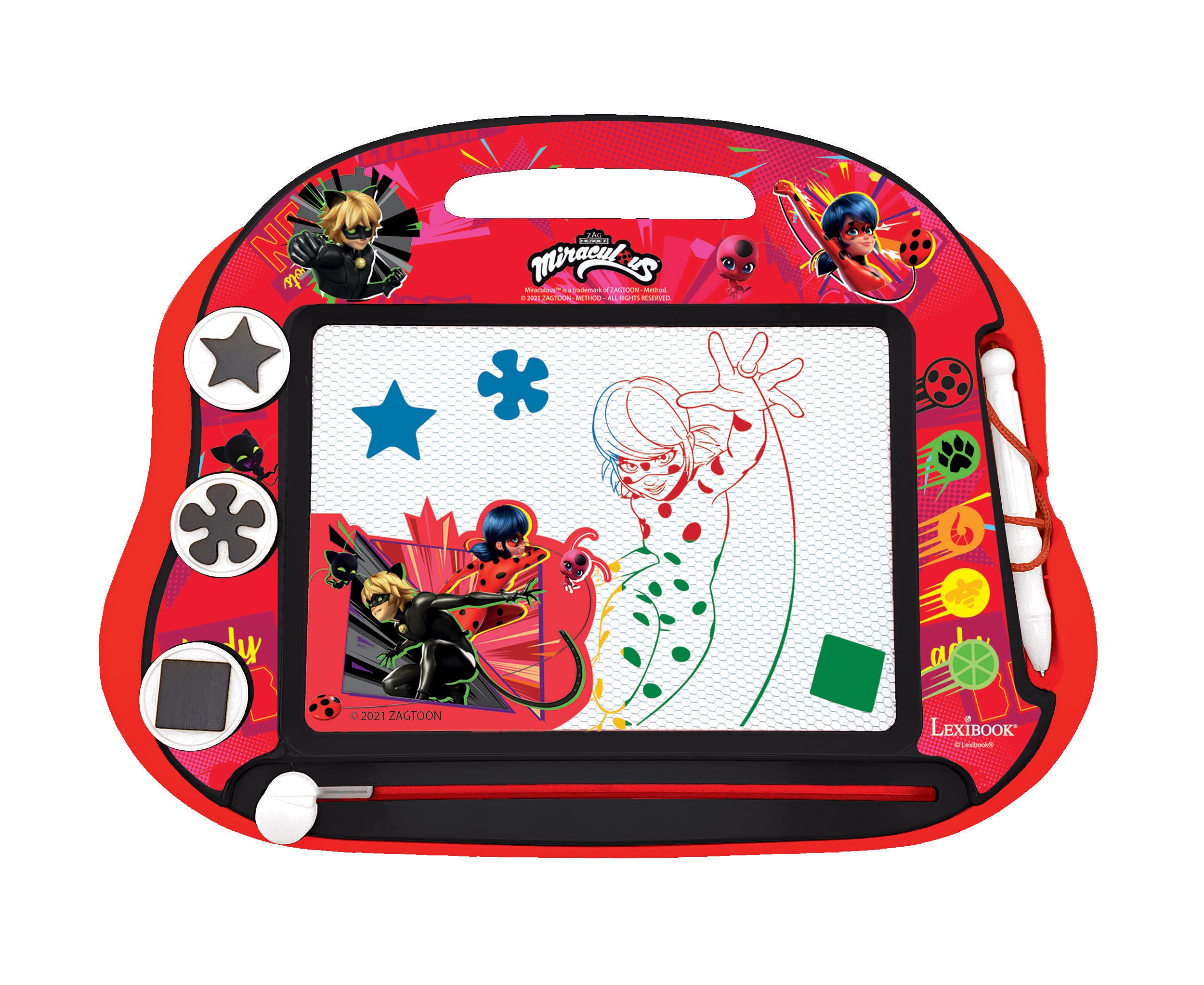 LEXIBOOK, Miraculous Ladybug Cat Noir, Multicolour Magic Magnetic Drawing Board, Artistic Creative Toy for Girls and Boys, Stylus Pen and Stamps, Red/Black, CRMI550