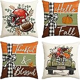 AVOIN colorlife Hello Fall Football Pumpkin Eucalyptus Leaves Pillow Covers, 18 x 18 Inch Car Thankful Blessed Seasonal Thanksgiving Harvest Cushion Case Decoration for Sofa Couch Set of 4