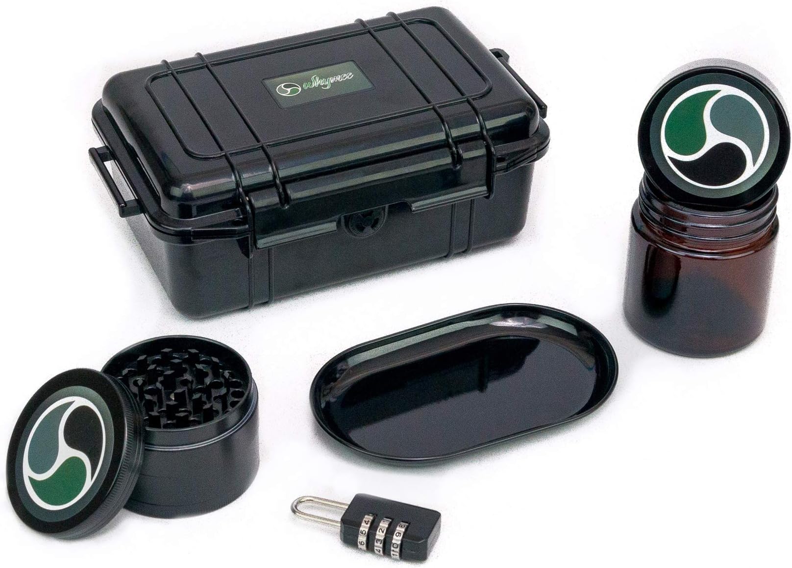 Whymee-Smell Proof Stash Box 5 Piece Kit-Airtight Storage Jar Container, Smokers Rolling Tray, Herb Grinder, Combination Lock