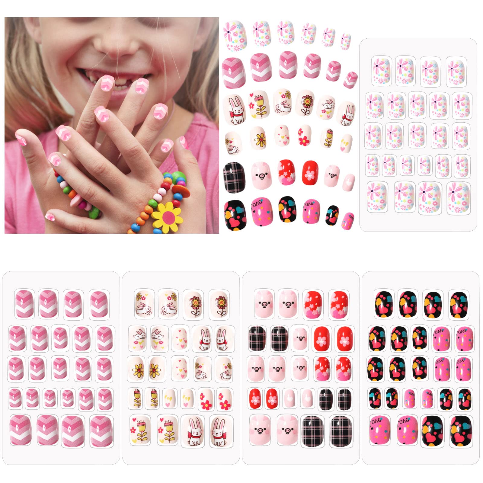 Scettar Full Cover Girl False Nails, Kids Fake Nails - Cute Cartoon Design, Colorful Children's 5 Boxes (B), Variety Pack